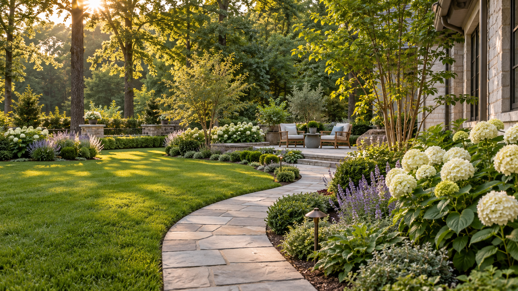 AI-generated landscaped garden with a curved stone path, hydrangeas, and a patio